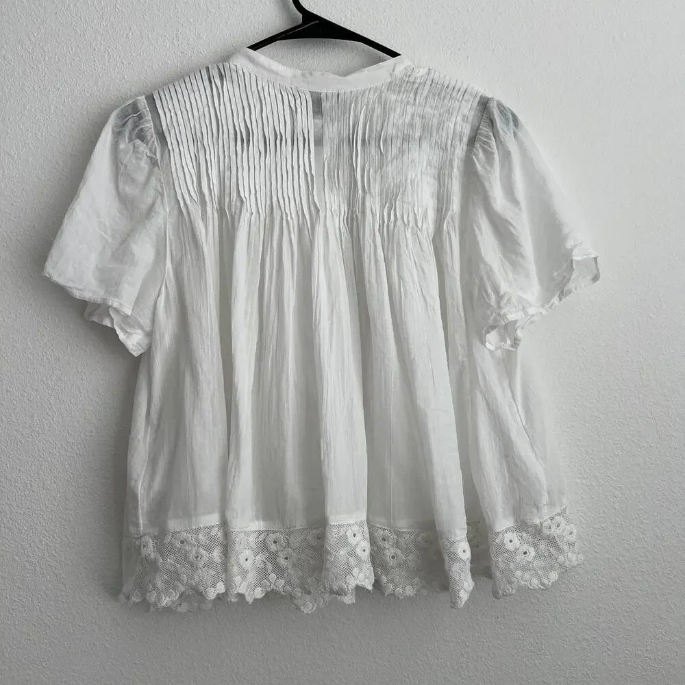 J Crew FLAWED Lace Trim Pintuck Top In Cotton Voile Small White